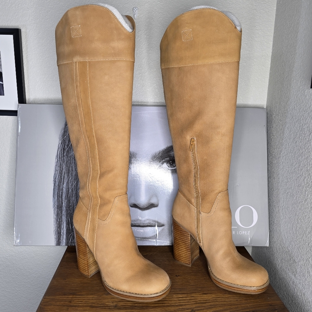 Jennifer Lopez Tan Over the Knee Boots Sleek Suede